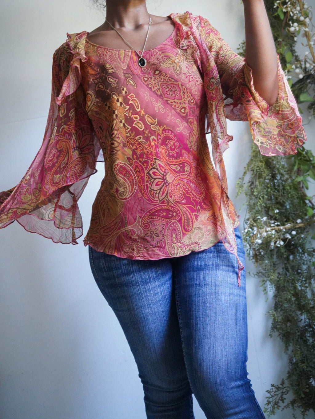 Y2K Paisley Boho Silk Top with Attached Shrug