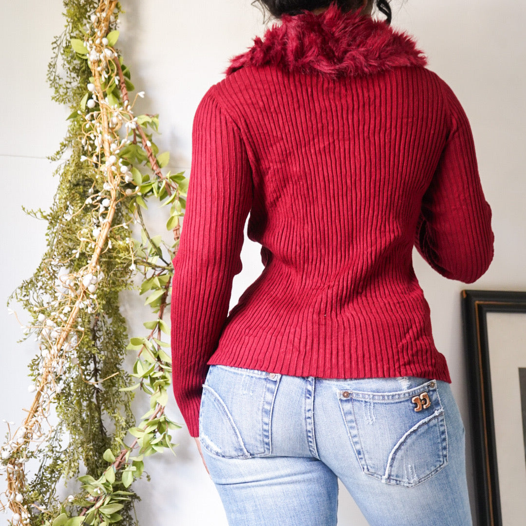 Red Faux Fur Collar Zip Up Cardigan