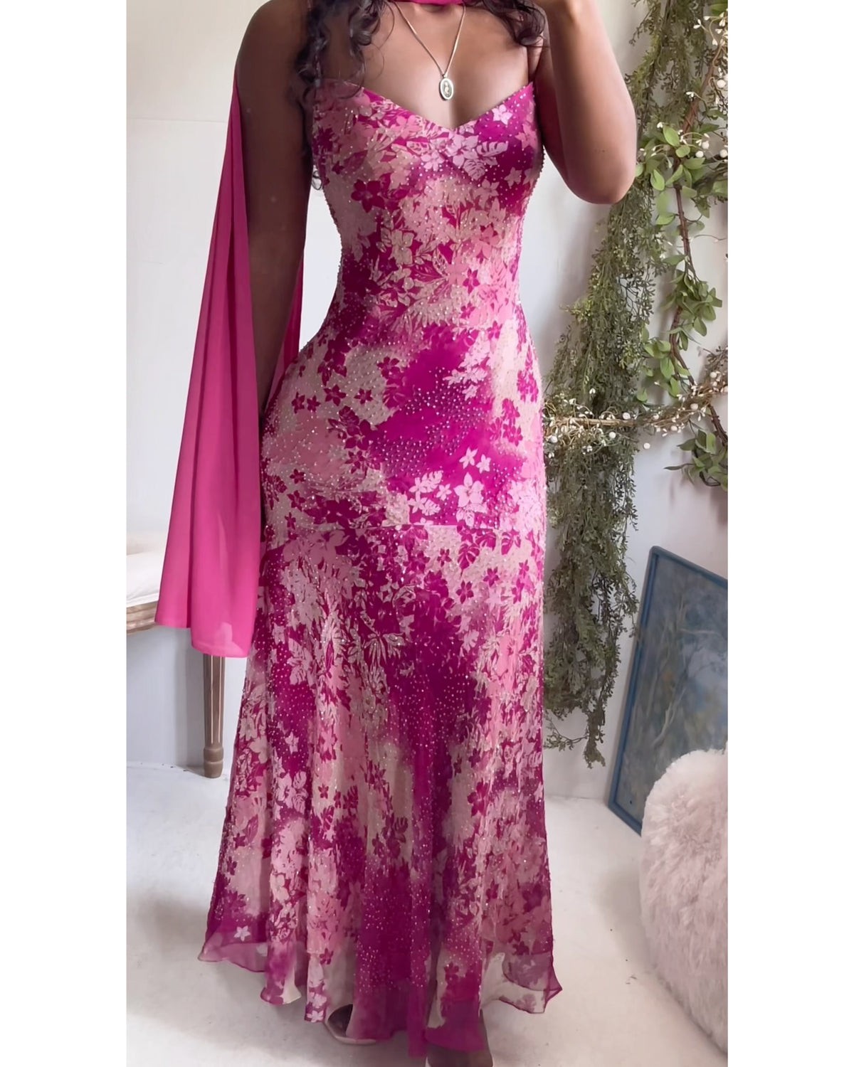 Rare Y2K Pink and Cream Floral Beaded Silk Gown