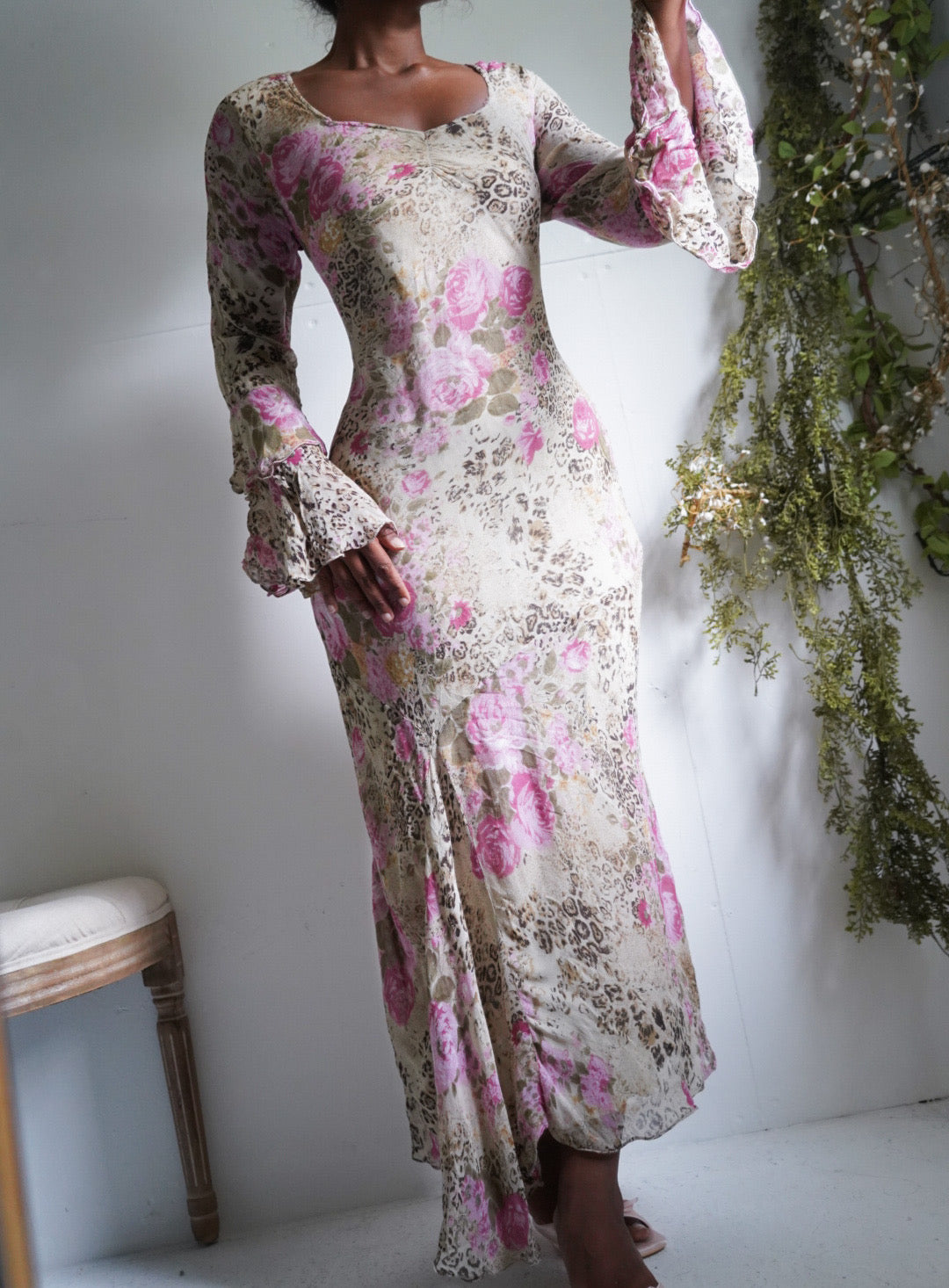 Y2K Animal Print Floral Ruffle Sleeve Dress