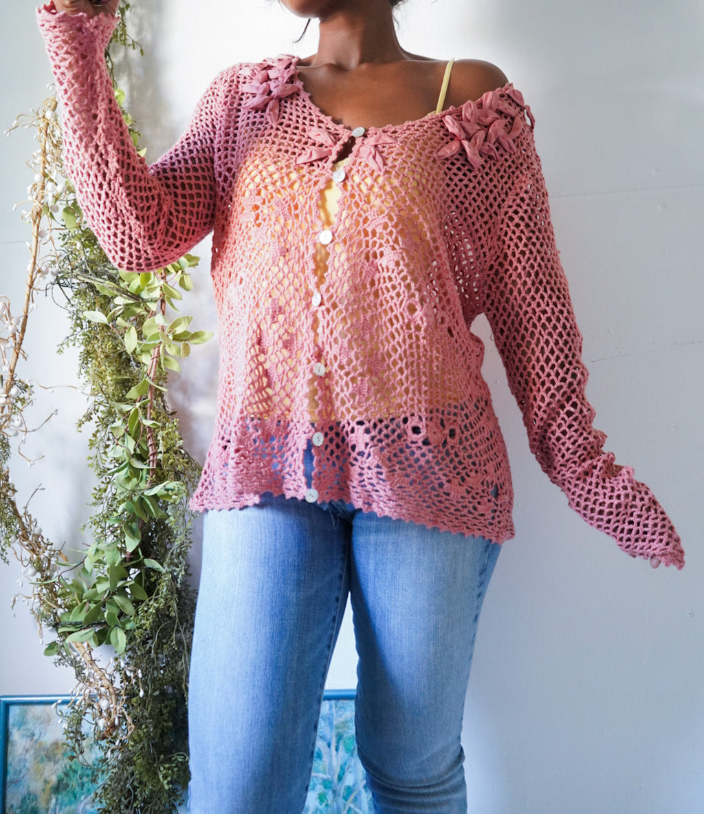 Y2K Salmon Crochet Knit Summer Cardigan