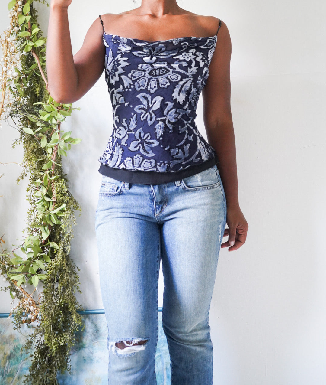Y2K Burnout Velvet Cami with Bead Straps