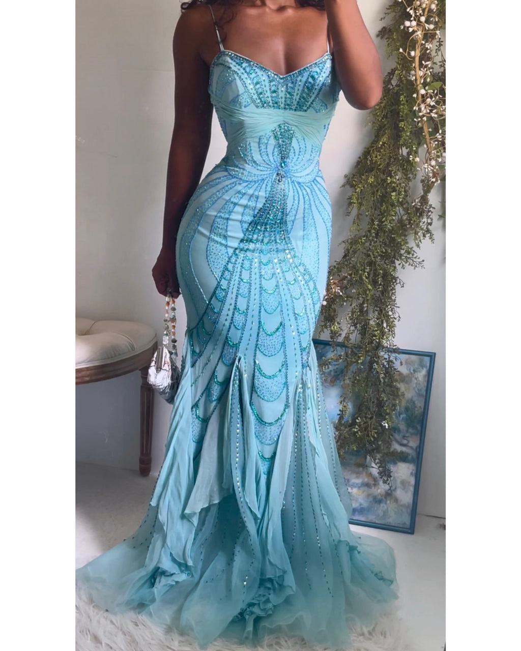 Y2K Light Turquoise Silk Beaded Mermaid Gown