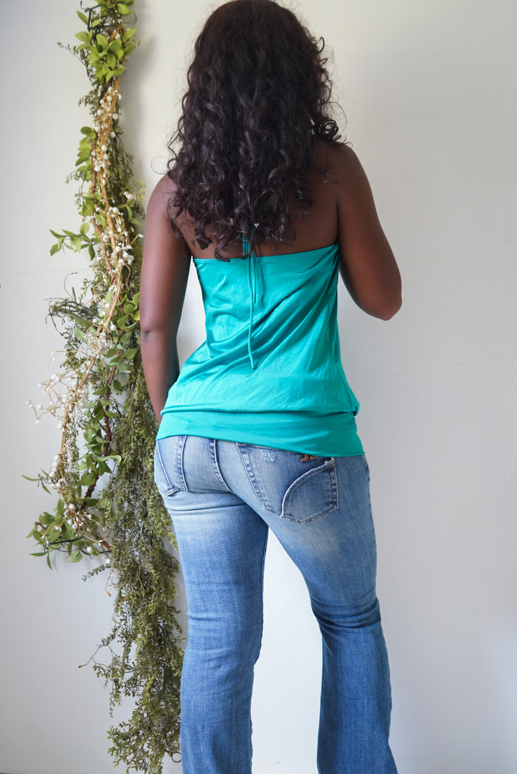 Y2K Teal Halter Crossover Front Top