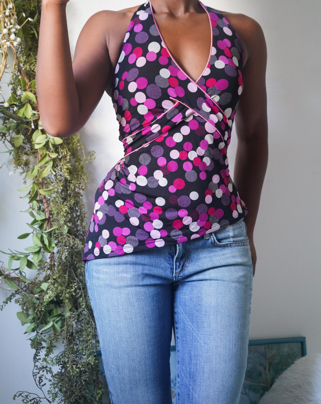 Y2K Polka Dot Halter Tie Back Top