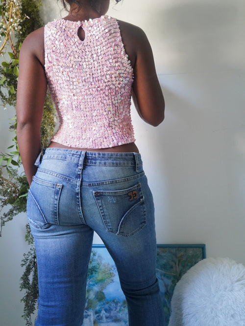 Baby Pink Y2K Sequin Crochet Crop Top