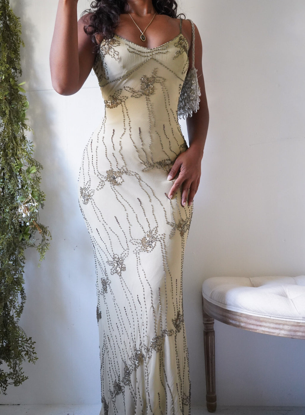 Y2K Sue Wong Beige Beaded Gown