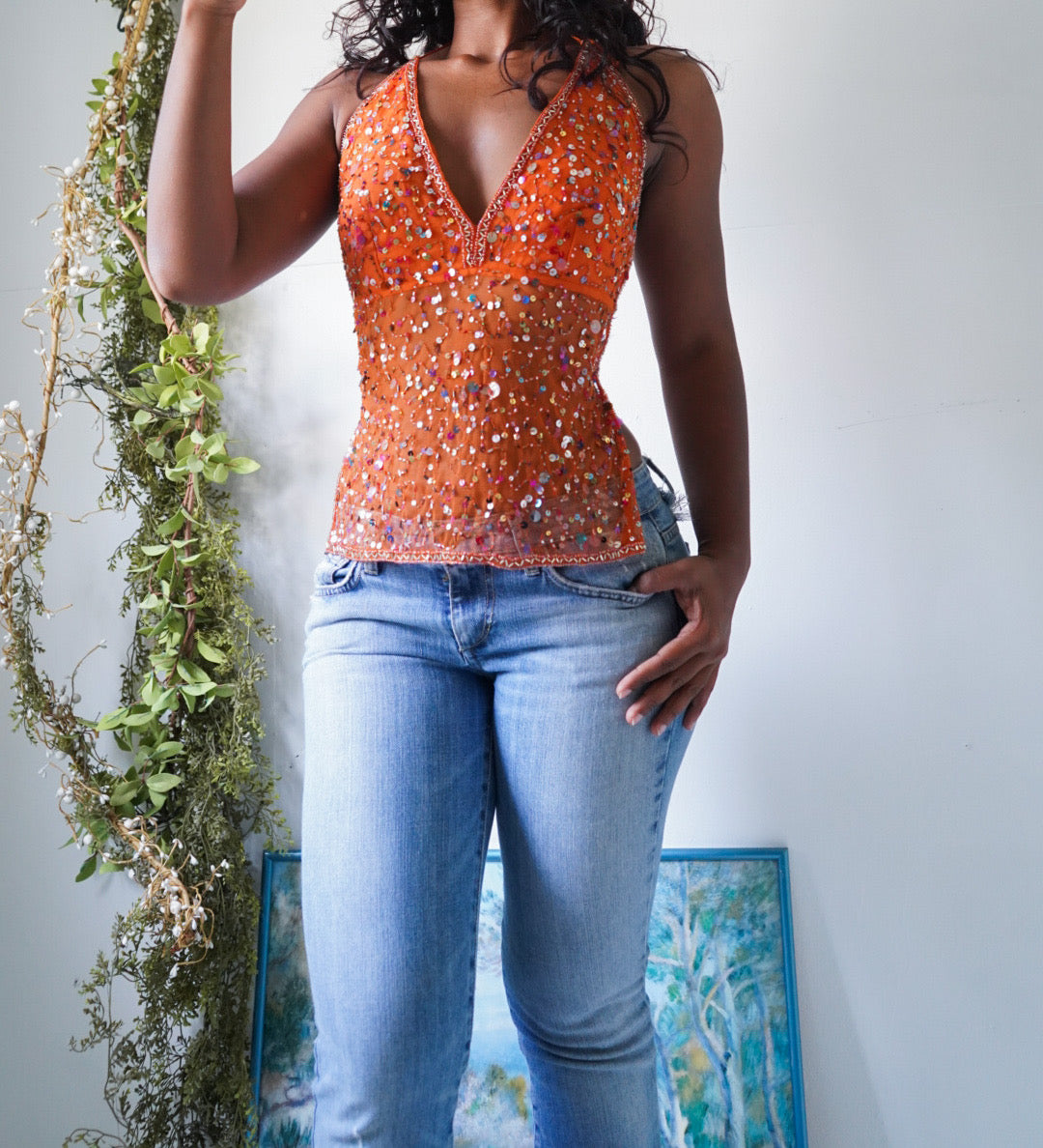 Orange Beaded Y2K Tie Back Top