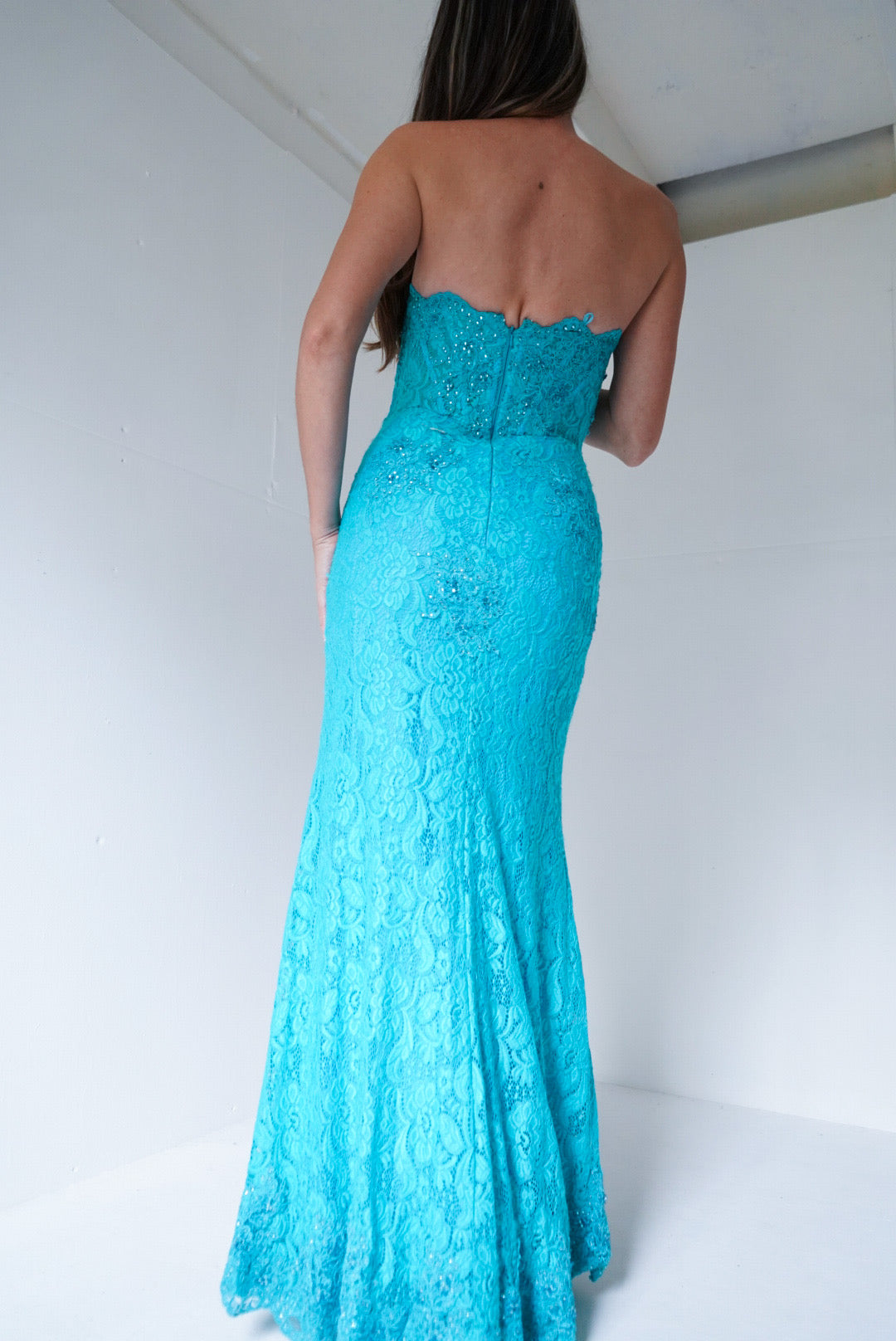 Y2k Turquoise Lace Strapless Gown