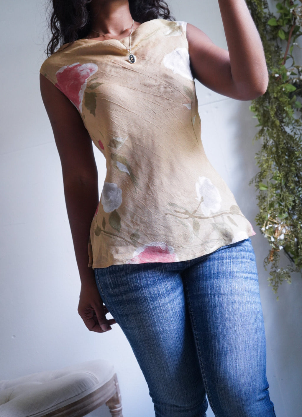 Y2K Beige Romantic Floral Cowl Neck Top