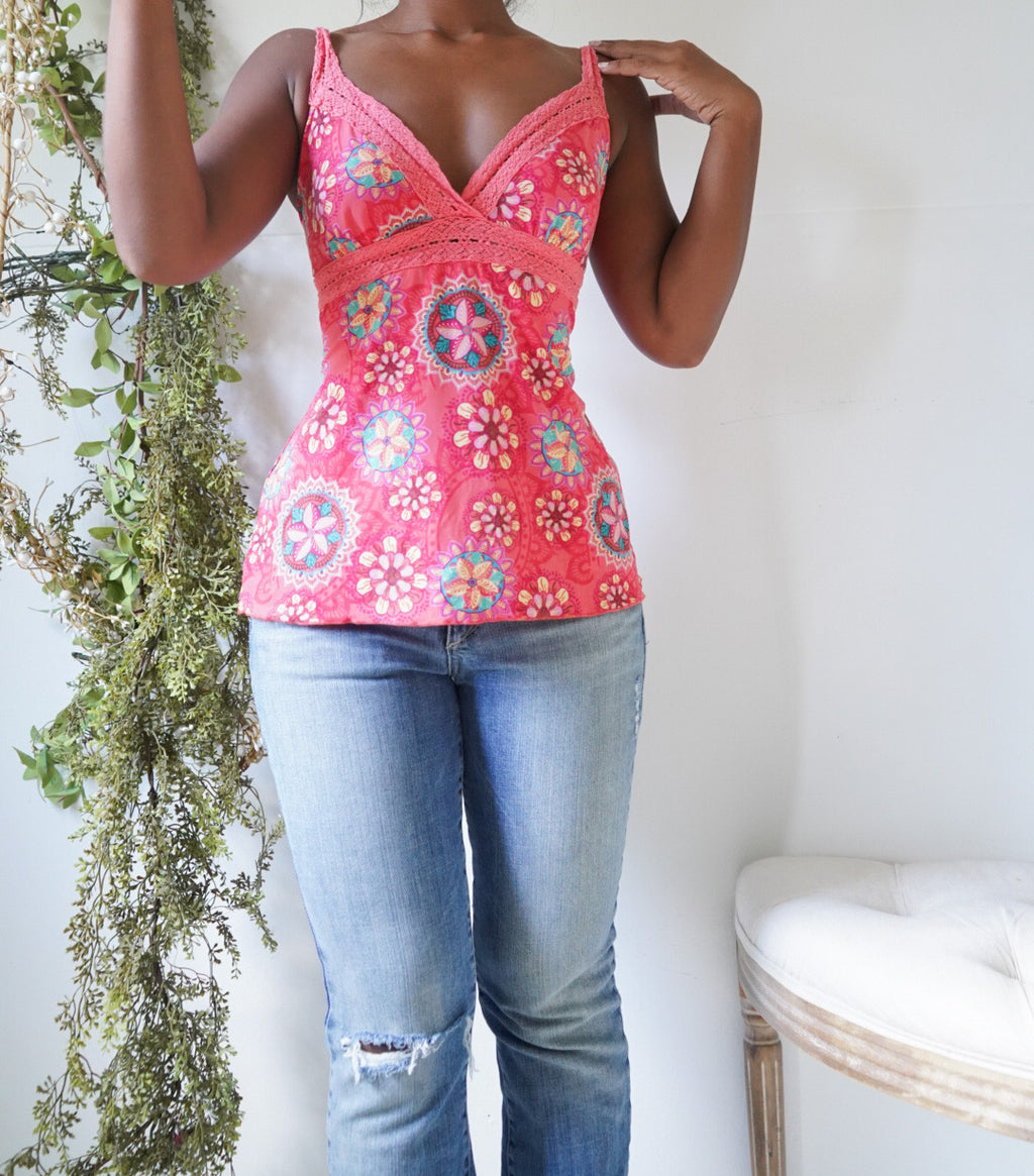 Y2K Bright Coral Boho Print Lace Trim Cami