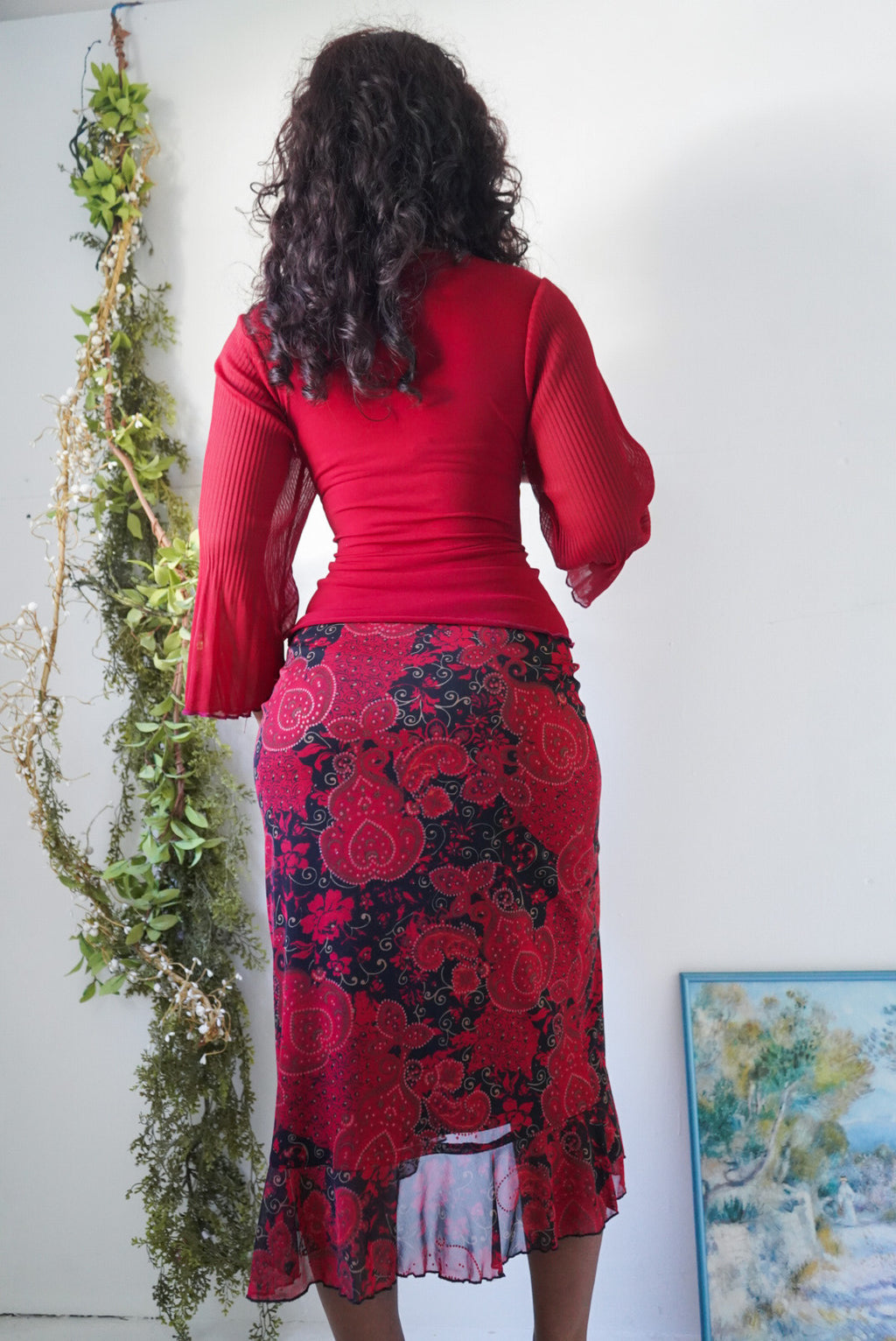 Y2K Red and Black Paisley Mesh Midi Skirt