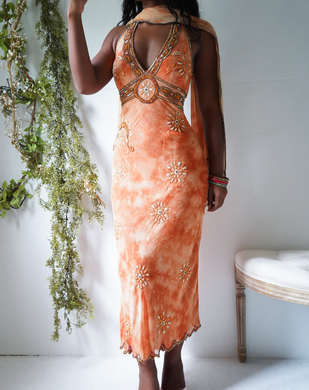Rare Y2K Boho Silk Halter Tie Dye Beaded Dress