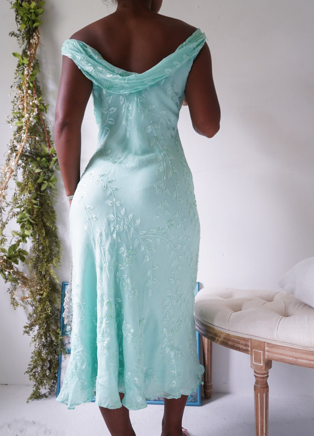 Y2K Light Aqua Beaded Silk Dress