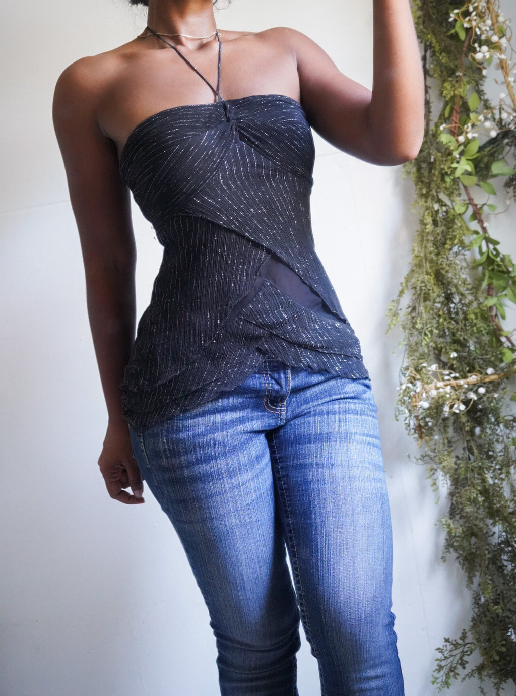 Y2K Black Silk Halter Strapless Top