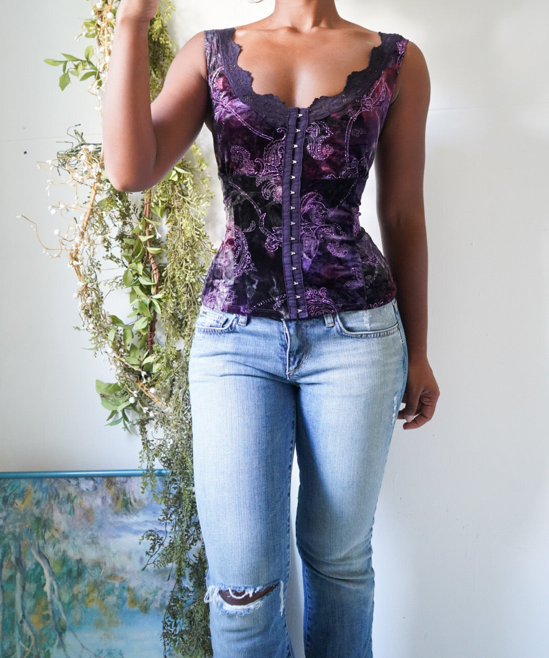 Y2K Purple Velvet Paisley Bustier Tank
