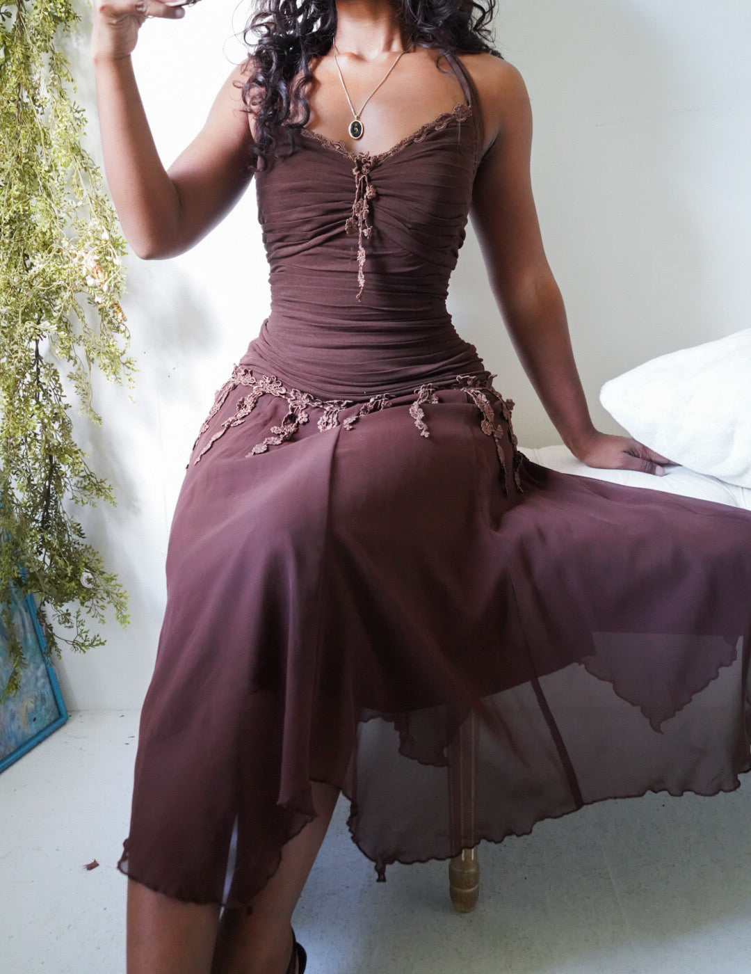 Y2K Brown Ruched Halter Fairy Dress