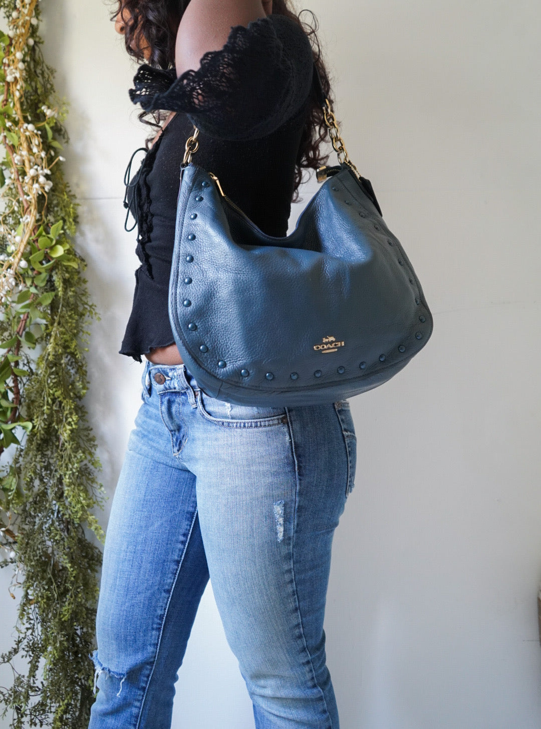 Coach Dusty Teal/Blue Pebbled Leather Hobo Bag