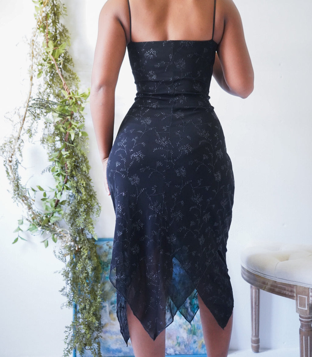 Y2K Black Glitter Floral Midi Dress