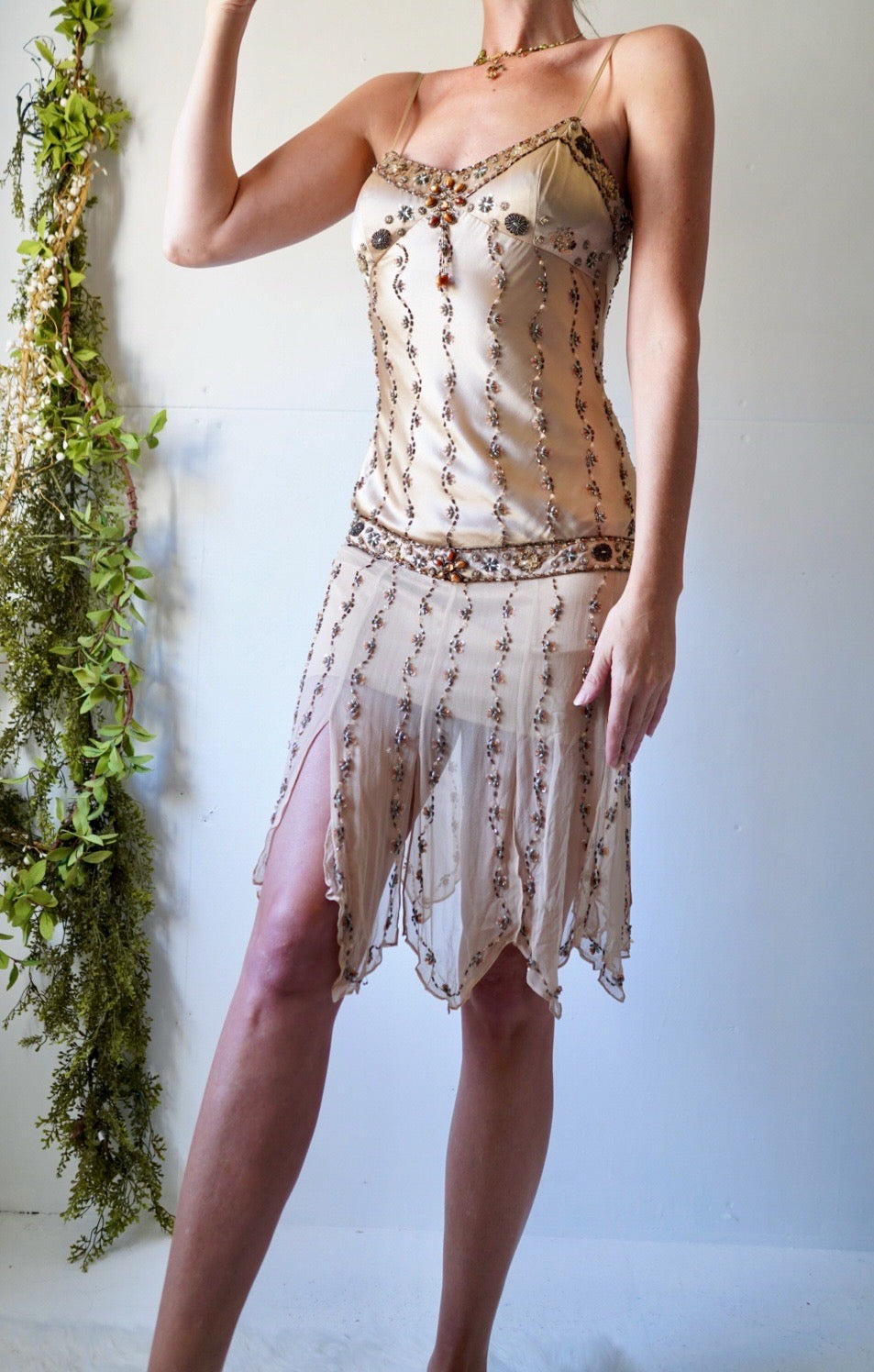 Y2k Beaded Champagne Silk Fairy Dress