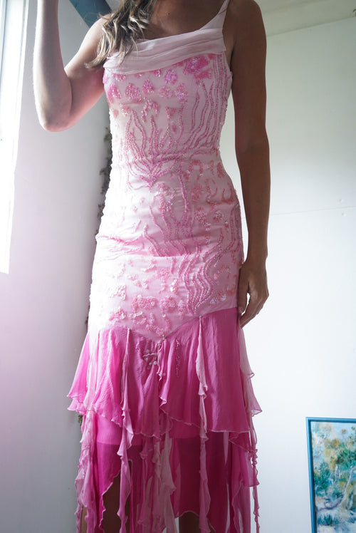 Vintage Silk Ombre Pink Beaded Gown