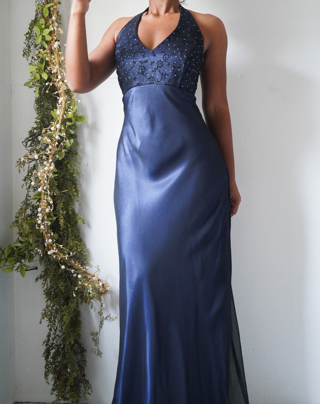 Vintage Y2K Dusty Blue and Black Layered Halter Gown