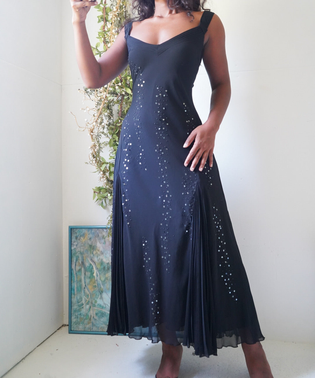 Rare Y2K Black Evening Dress with Pleated Godets