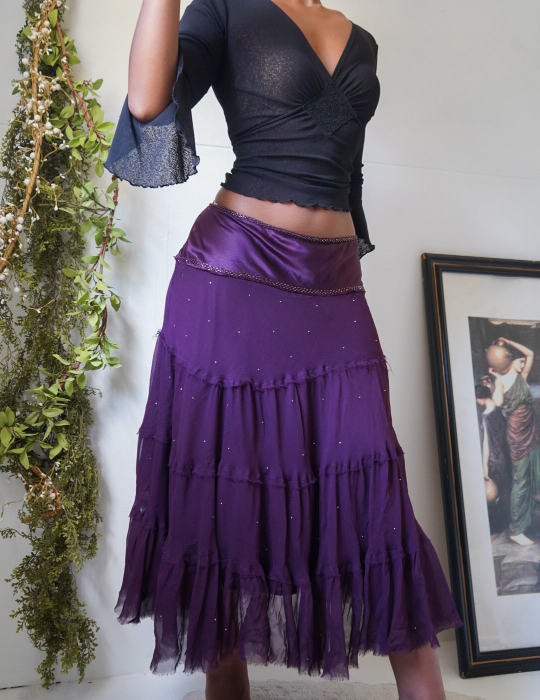 Purple Silk Rhinestone Tiered Boho Skirt