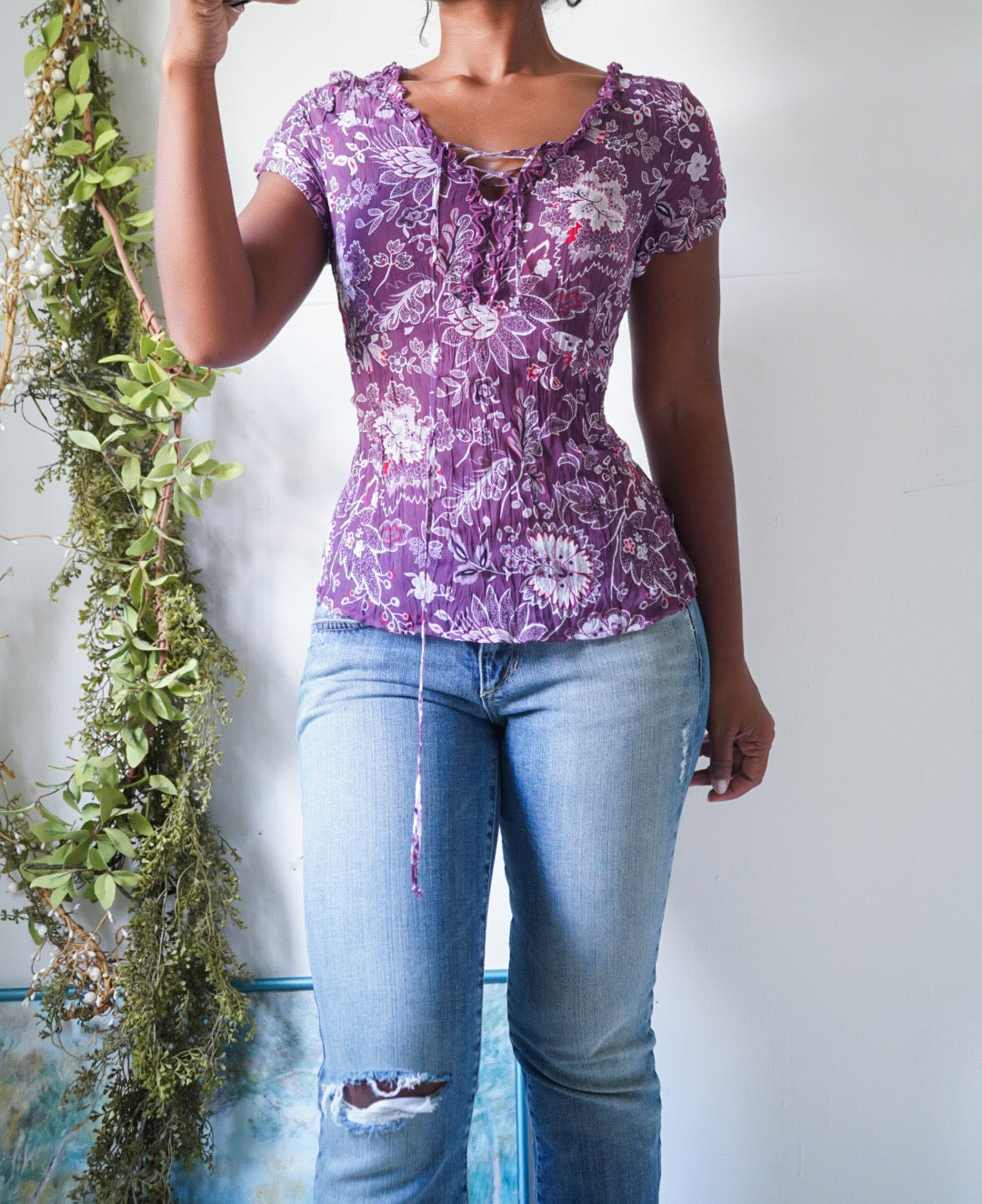 Y2K Purple Paisley Crinkle Top