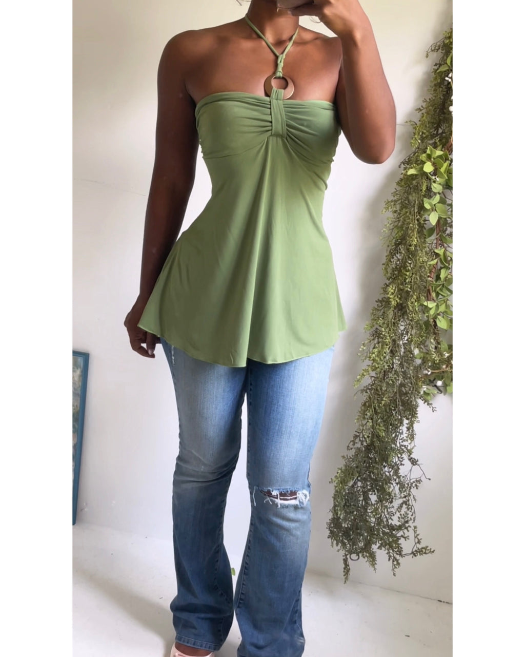 Y2K Forest Green Halter Babydoll Top