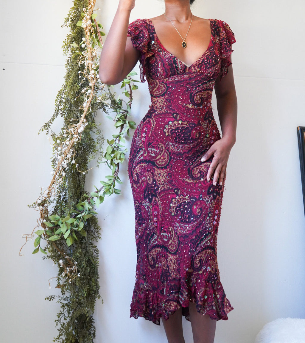 Rare Vintage Boho Paisley Beaded Midi Dress