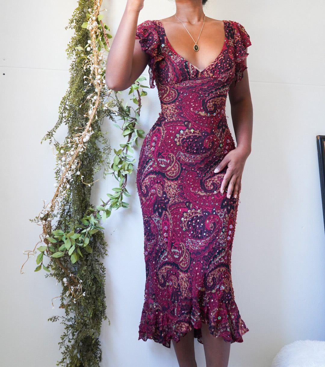 Rare Vintage Boho Paisley Beaded Midi Dress