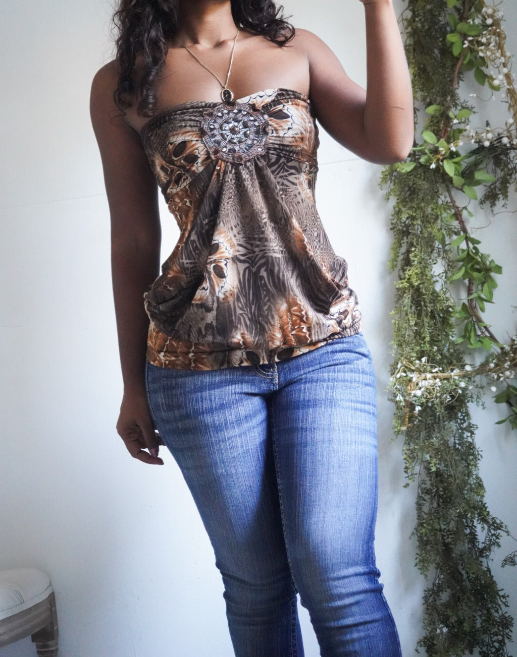 Y2K Boho Banded Hem Strapless Top