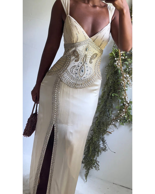 Y2K Champagne Silk Paisley Beaded Sue Wong Gown