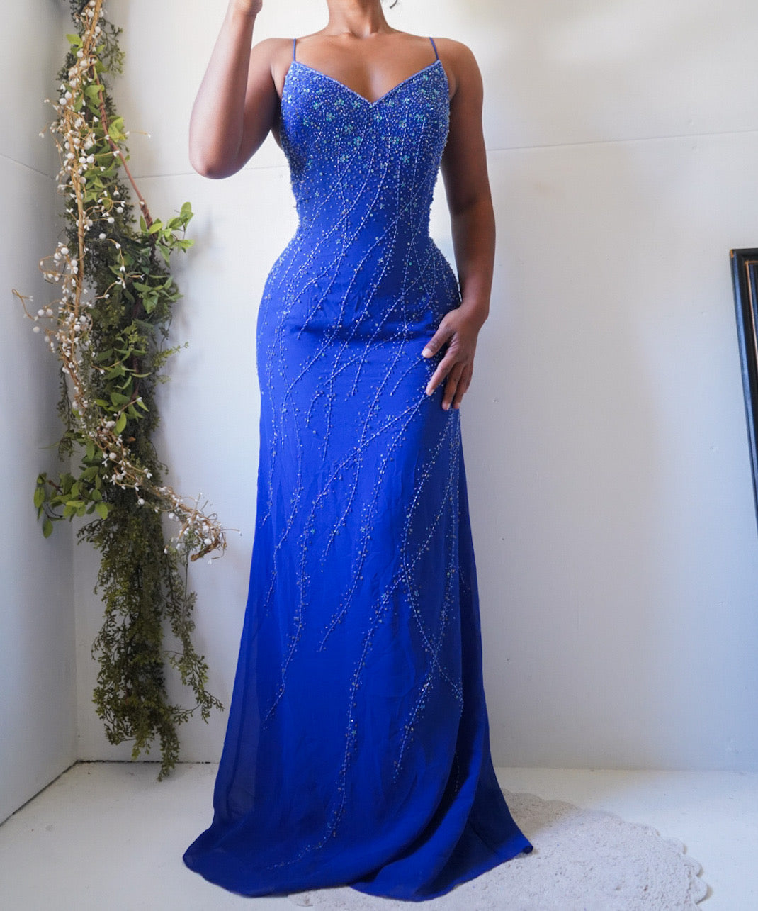 Vintage Y2K Blue Beaded Backless Gown