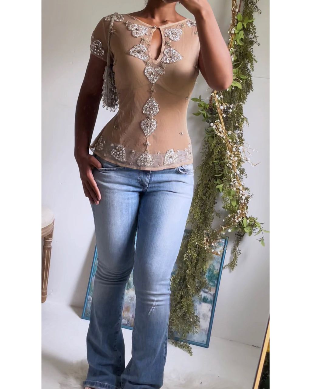 Y2K Nude Beaded Boho Top
