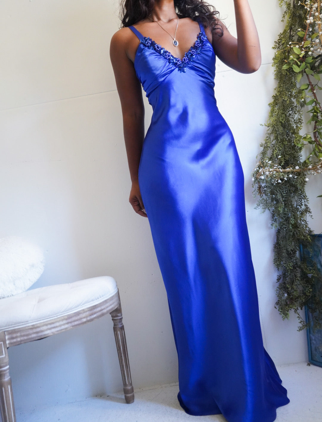 Royal Blue Satin Y2K Backless Gown
