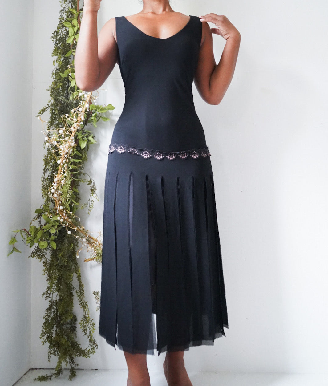 Vintage Y2K Black Fringe Hem Midi Dress