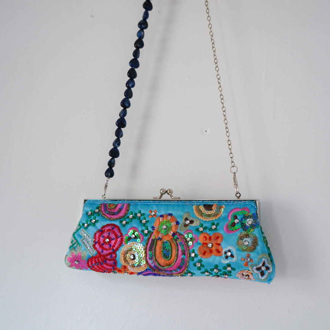 Vintage Turquoise Satin Embroidered and Beaded Purse