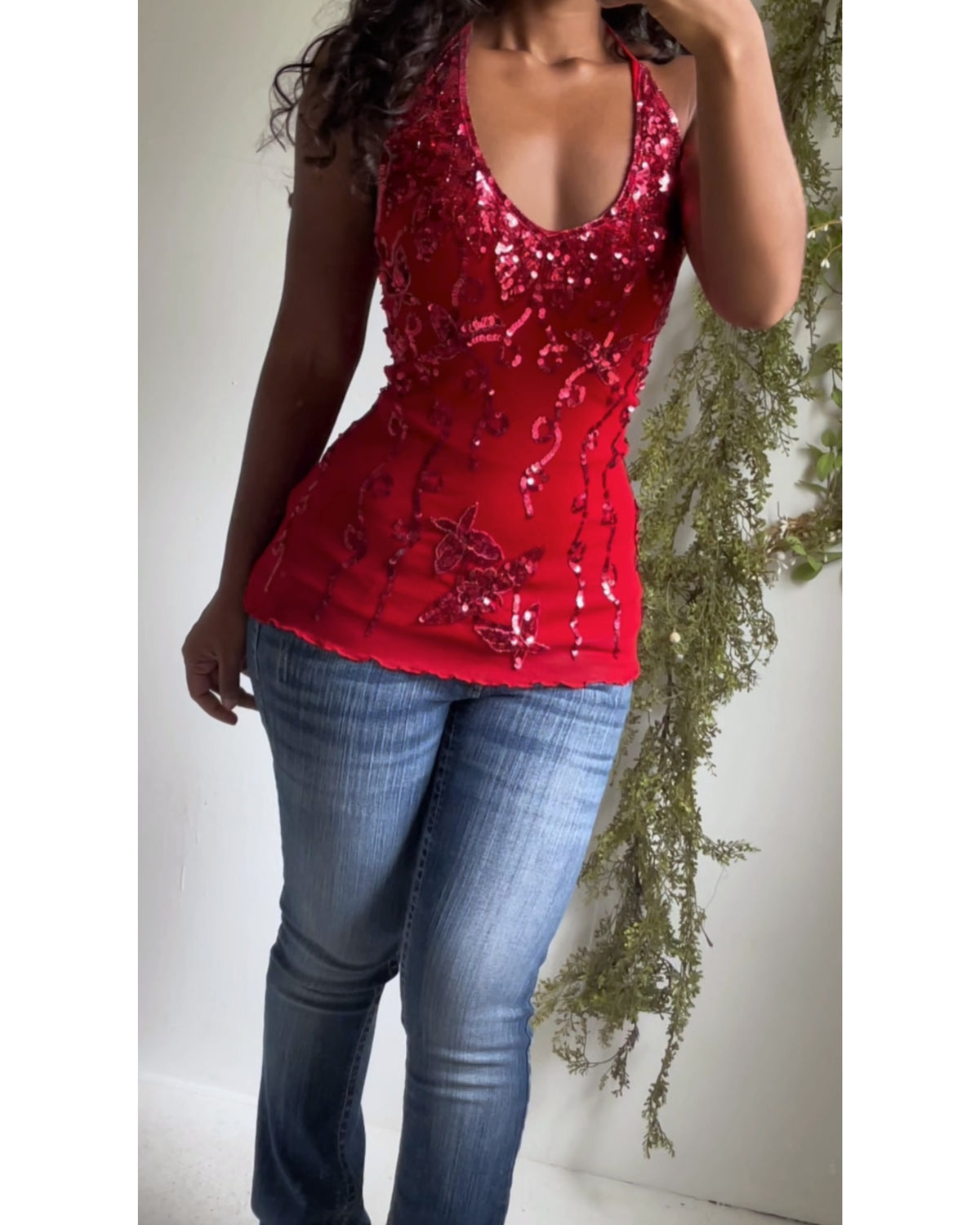 Y2K Red Sequin Mesh Halter Top
