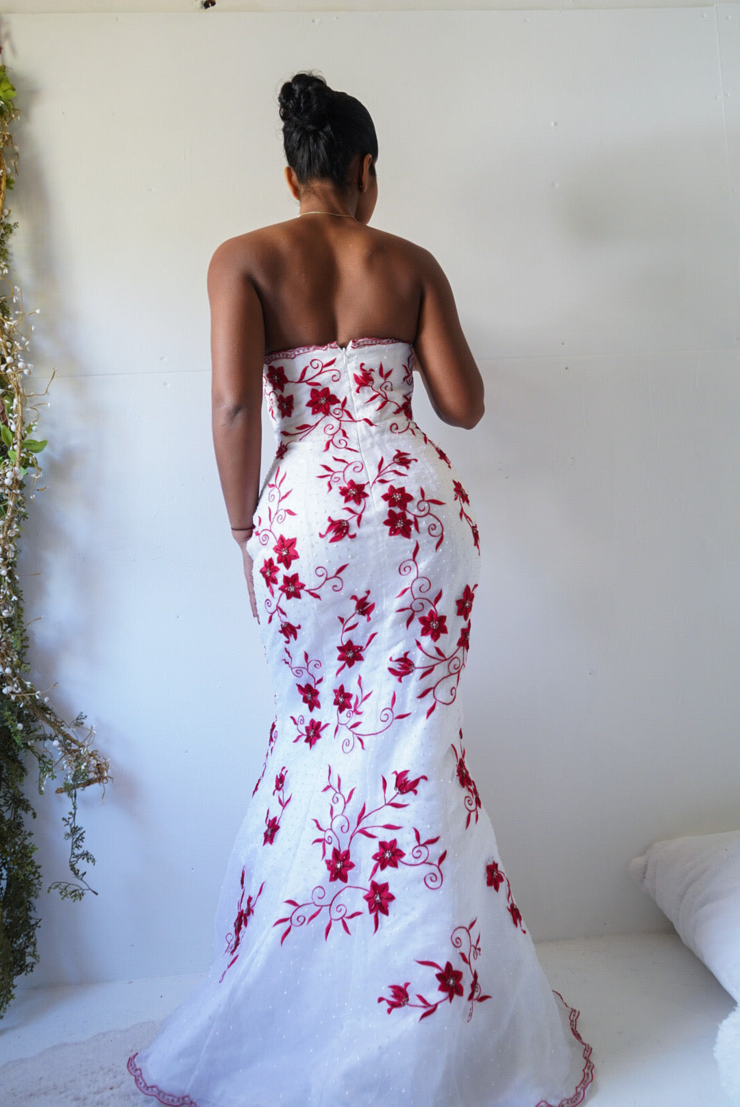Y2K Strapless Red and White Embroidered Beaded Gown