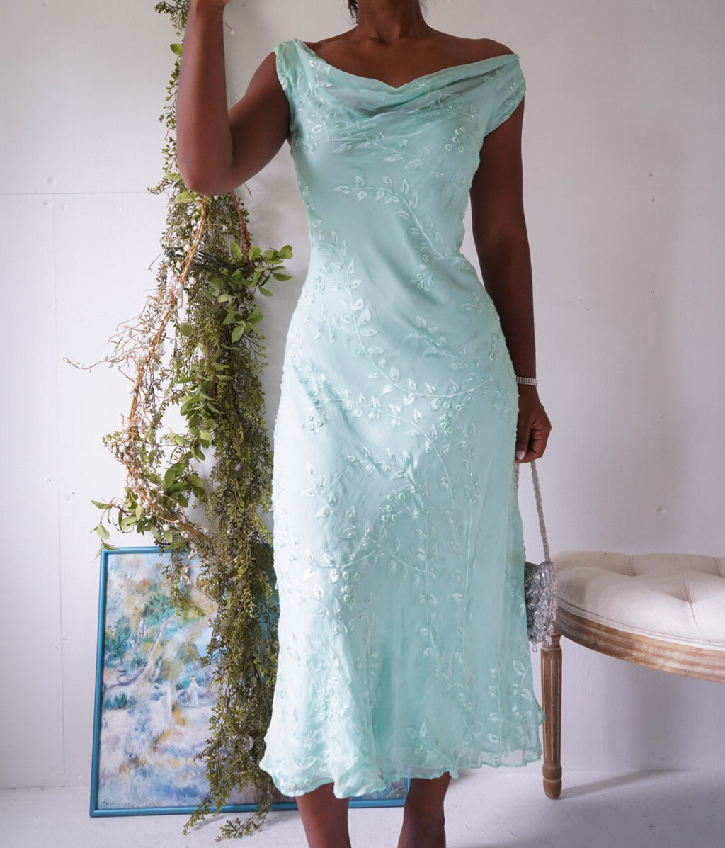 Y2K Light Aqua Beaded Silk Dress