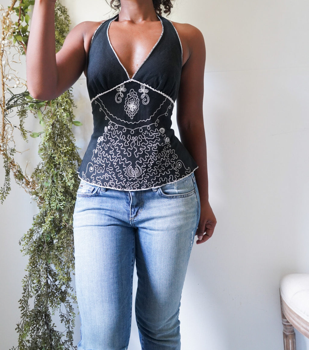 Y2K Linen Blend Embroidered Halter Top