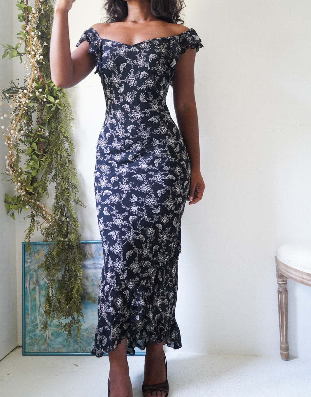 Y2K Monochrome Butterfly Print Ruffle Detail Dress