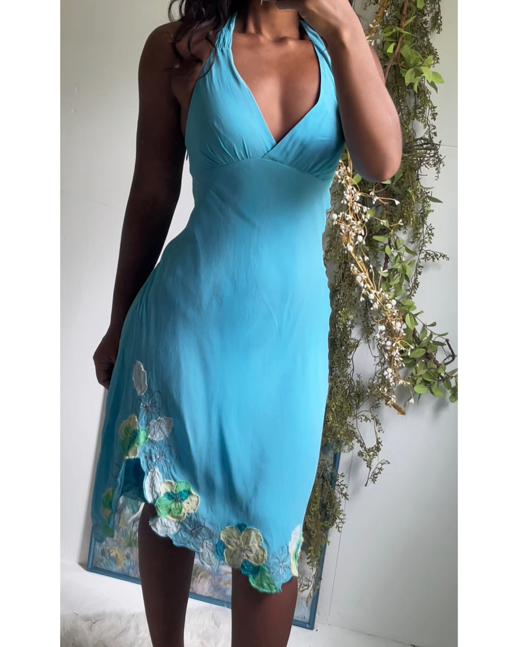 Turquoise Flower Hem Silk Halter Dress