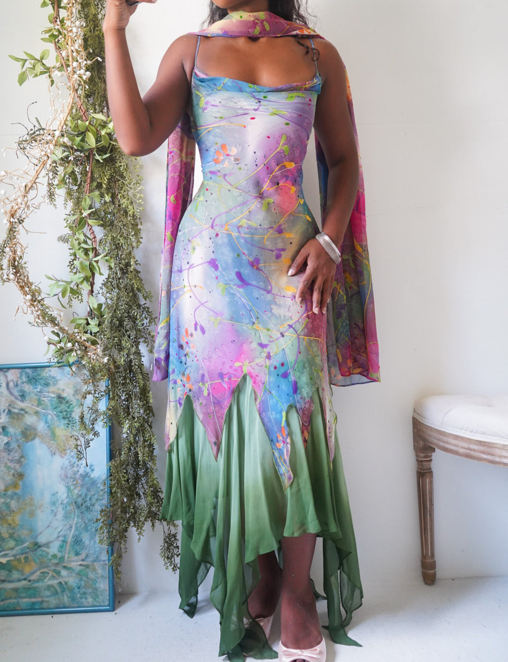 Rare Vintage Y2K Hong Ni Painted Floral Fairy Dress