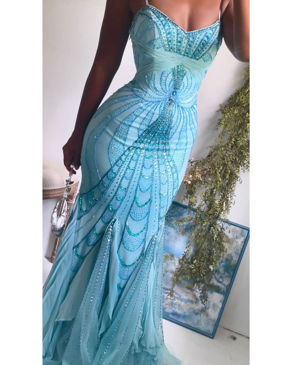 Y2K Light Turquoise Silk Beaded Mermaid Gown