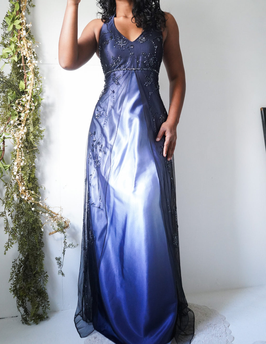Vintage Y2K Ombre Blue Halter Beaded Split Front Gown