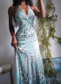 Rare Y2K Pastel Blue Leopard Print Halter Silk Gown