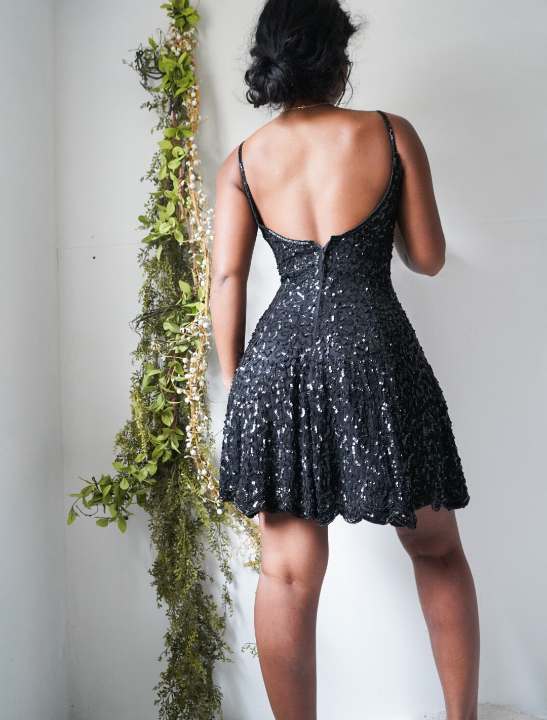 Vintage Y2K Black Silk Sequin Mini Dress